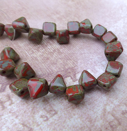 Coral Picasso 6mm Pyramid Stud Czech Glass Two Hole Beads Pack of 25