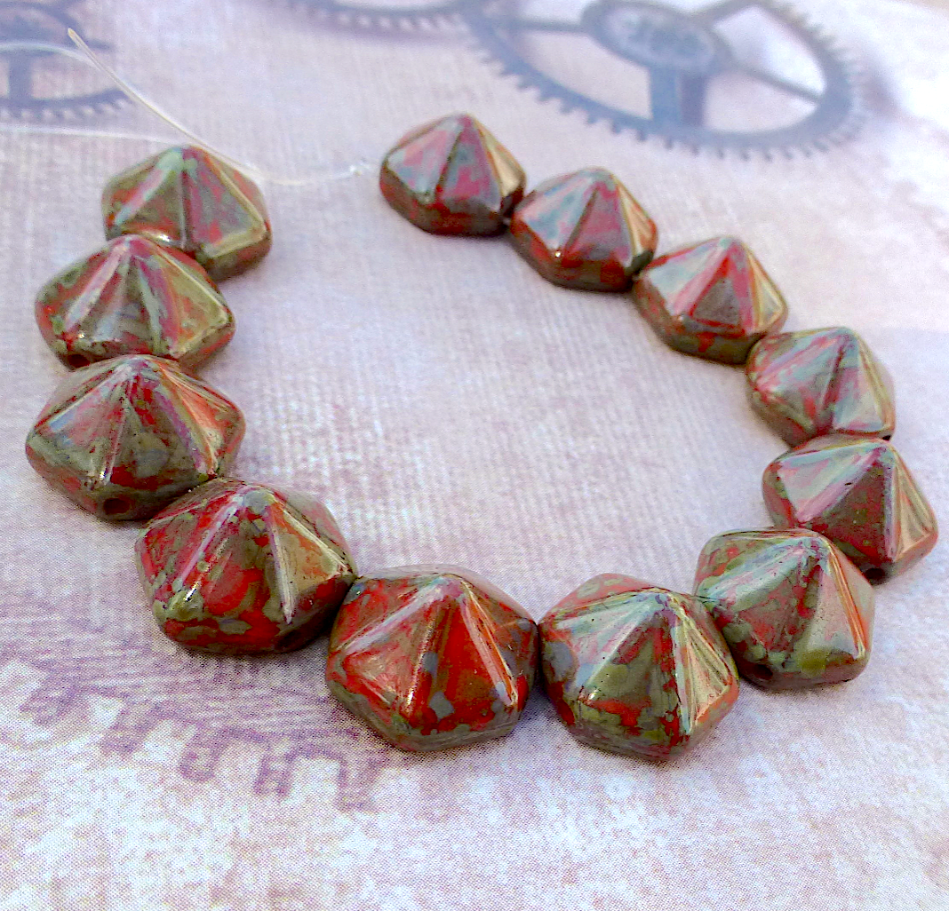 Coral Picasso Pyramid Hex Glass 2-hole Beads Strand of 12