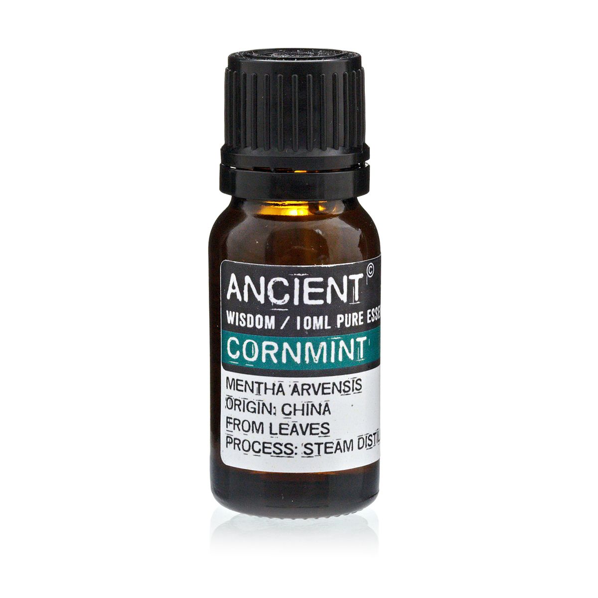 Bottle of cornmint essential oil with label on a white background