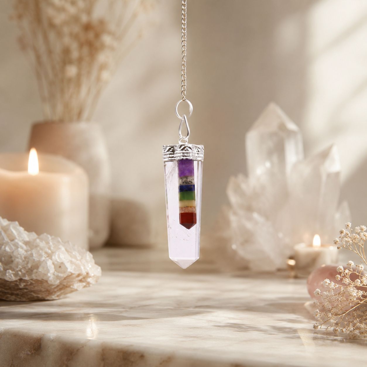 Crystal 7 Chakra Bounded Thin Point Flat Pendant Divination Pendulum