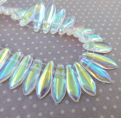 Crystal AB Two Hole Dagger Beads Czech Pressed Glass Beads - Pack of 10 grams