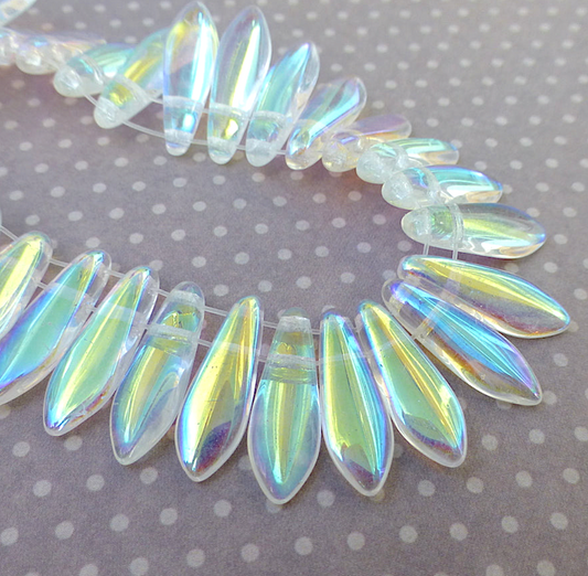 Crystal AB Two Hole Dagger Beads Czech Pressed Glass Beads - Pack of 10 grams