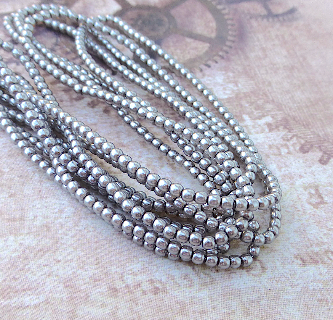 Dark Silver Round Czech Glass Pearls 2mm Strand of 150 beads