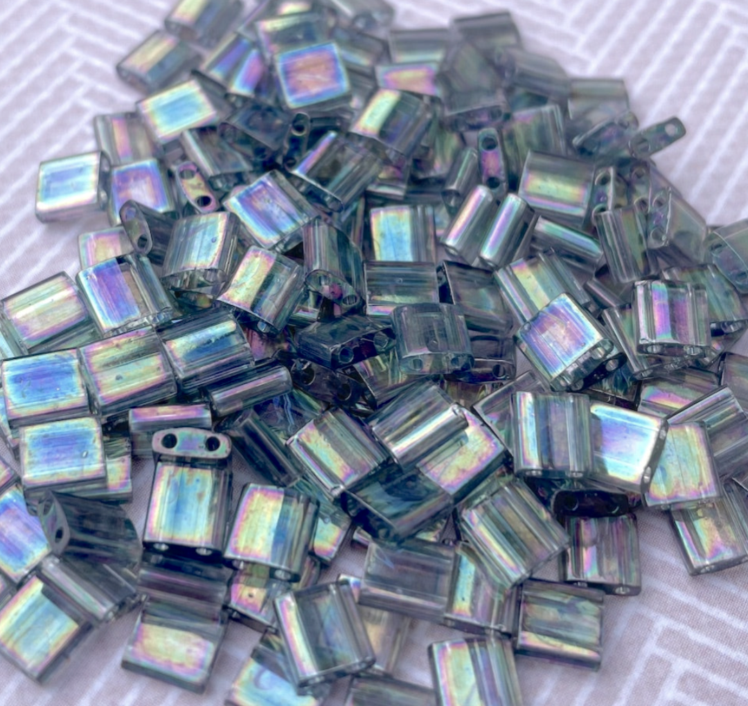 Dark Transparent Grey Rainbow Luster Miyuki Tila Beads 8 grams