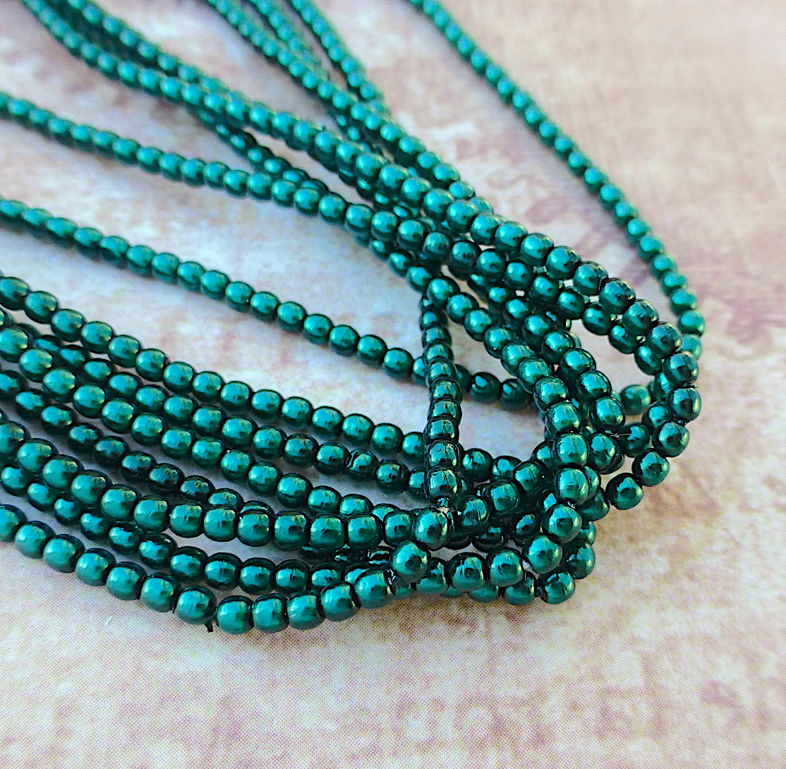 Deep Emerald Round Czech Glass Pearls 2mm Strand of 150 beads