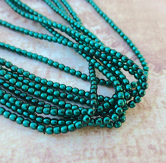 Deep Emerald Round Czech Glass Pearls 2mm Strand of 150 beads