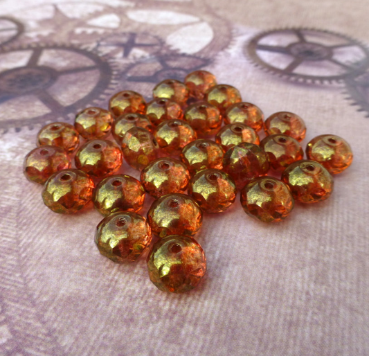 Faceted Rondelle Beads with Gold Luster Czech Glass Pressed Beads - Pack of 20