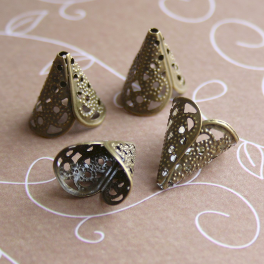 Filigree Cone Bead Caps in Antique Bronze Colour - Pack of 10