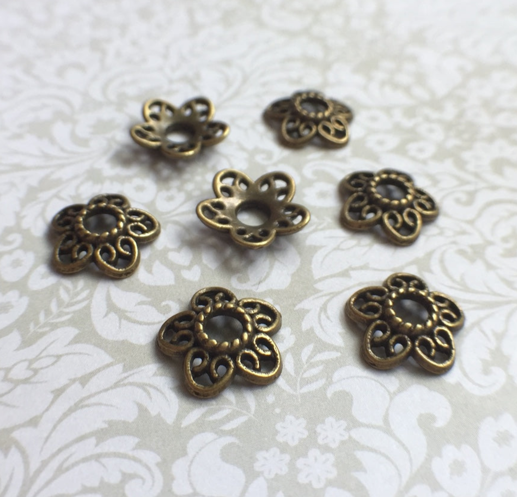 Floral Filigree 12 mm Bead Caps in Antique Bronze Colour - Pack of 30