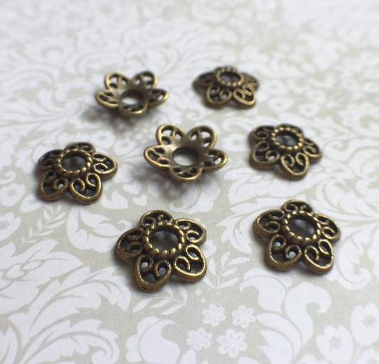 Floral Filigree 12 mm Bead Caps in Antique Bronze Colour - Pack of 30