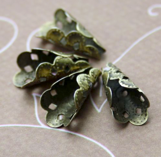 Floral Filigree Cone Bead Caps in Antique Bronze Colour - Pack of 10