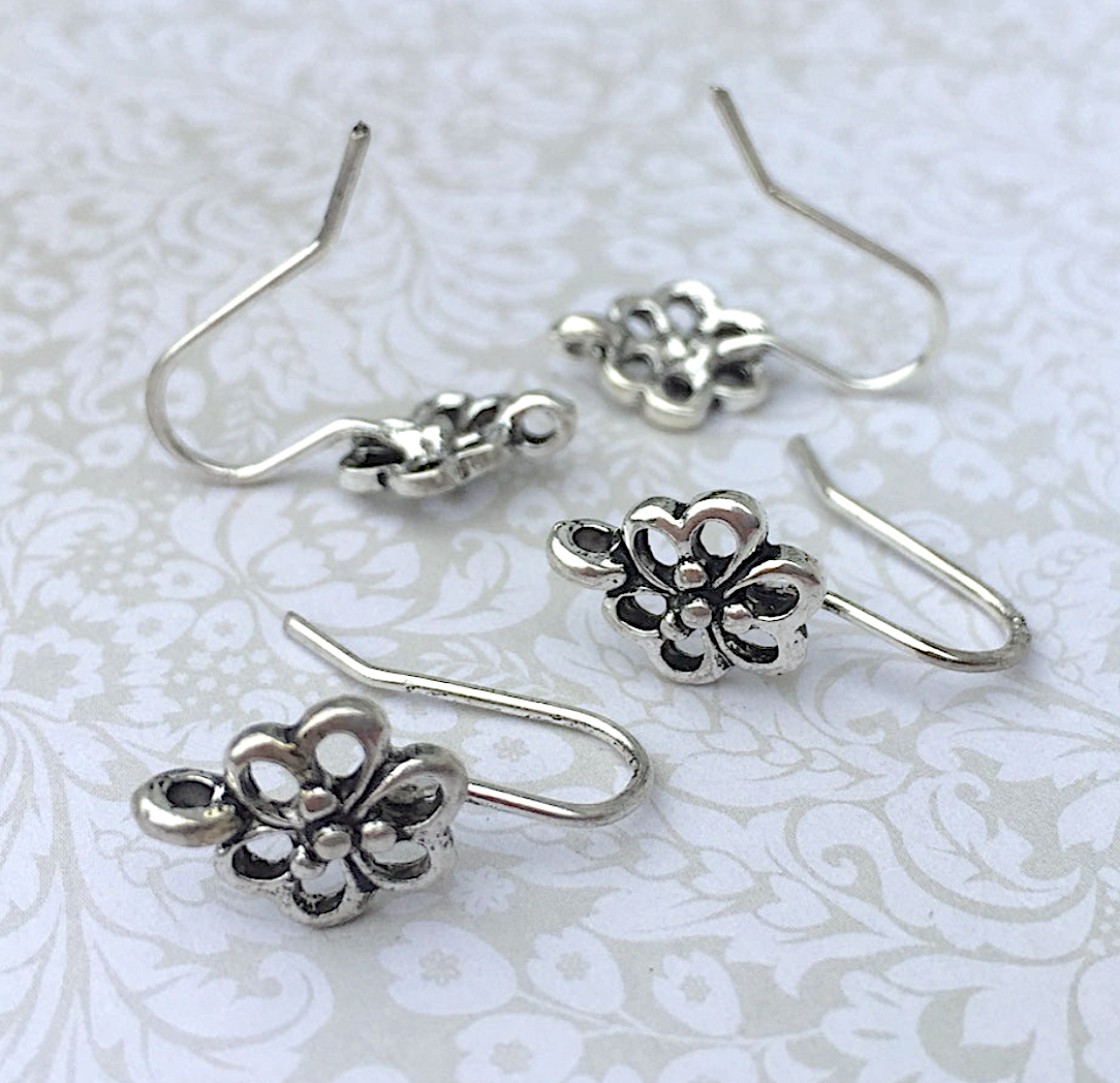 Flower Ear Wires Earring Hooks Components Antique Silver Colour - Pack of 10