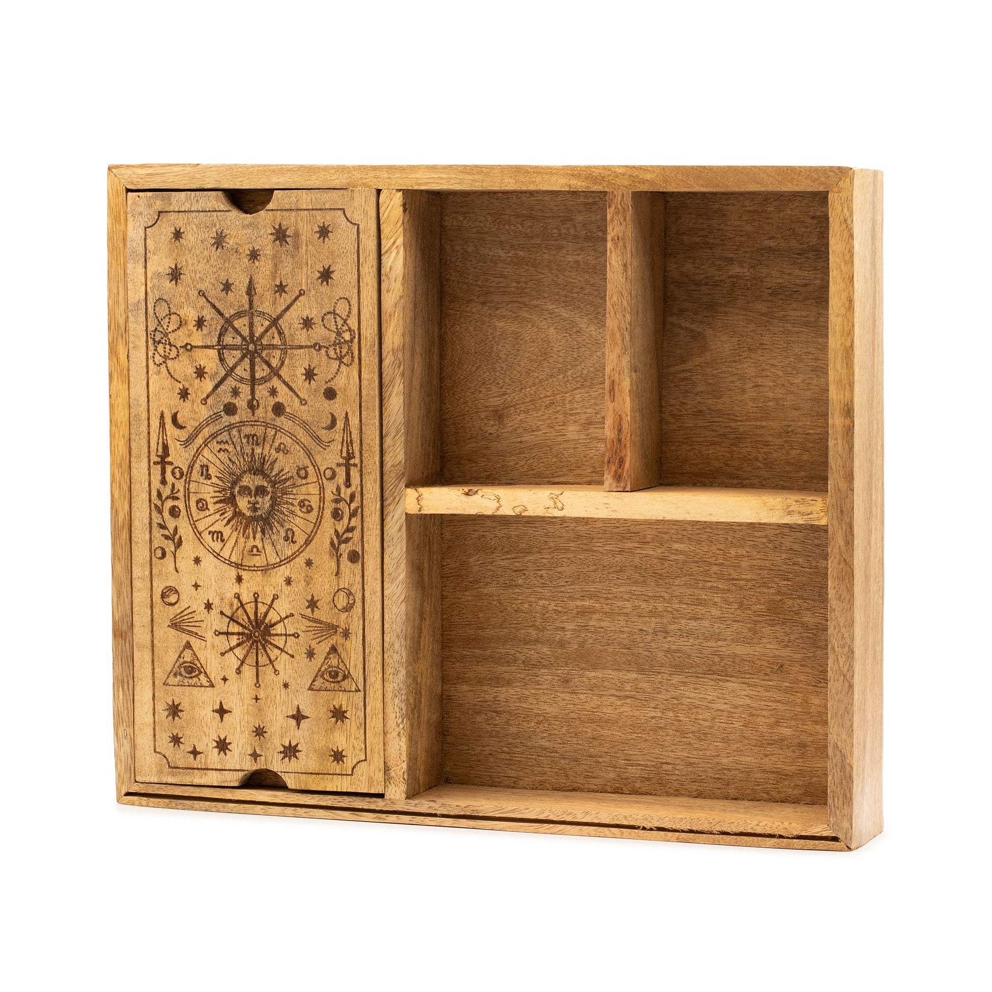 Four Section Tarot Box & Card Holder With Sun Carving