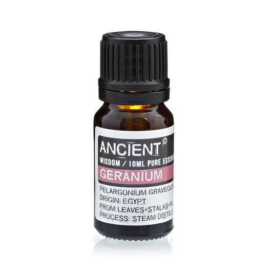 Bottle of geranium essential oil with label on a white background