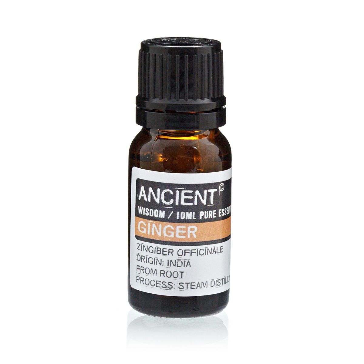Bottle of ginger essential oil with label on a white background