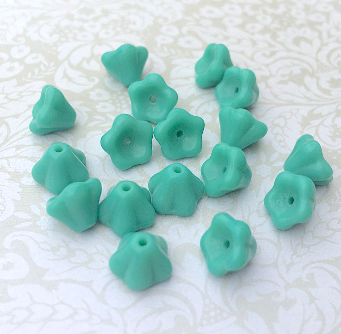 Green Flower Cup Pressed Glass Beads Pack of 30