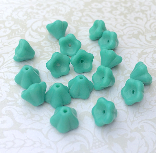Green Flower Cup Pressed Glass Beads Pack of 30