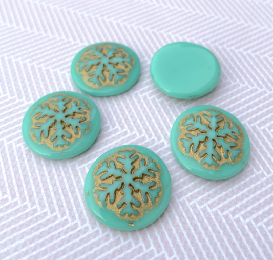 Green Glass Snowflake Cabochon with Gold Wash 21mm Pack of 2