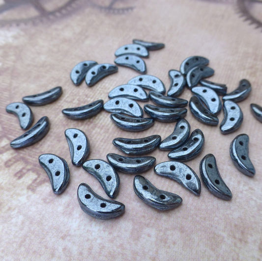 Hematite Glass Crescent Beads 2-hole Czech Glass Beads - 50 beads 