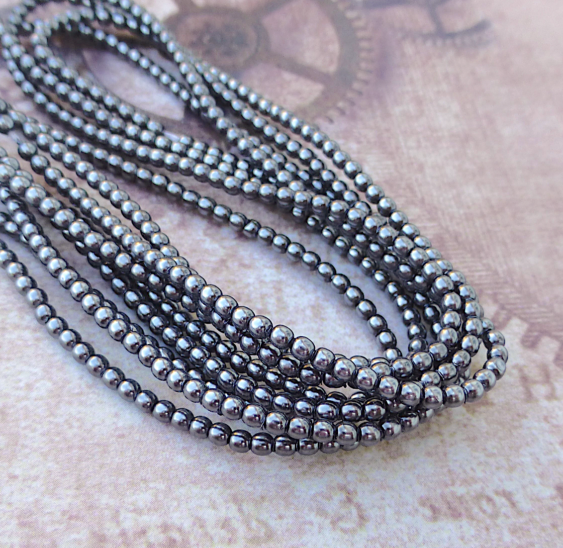 Hematite Round Czech Glass Pearls 2mm Strand of 150 beads