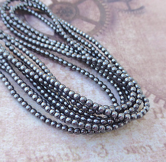 Hematite Round Czech Glass Pearls 2mm Strand of 150 beads