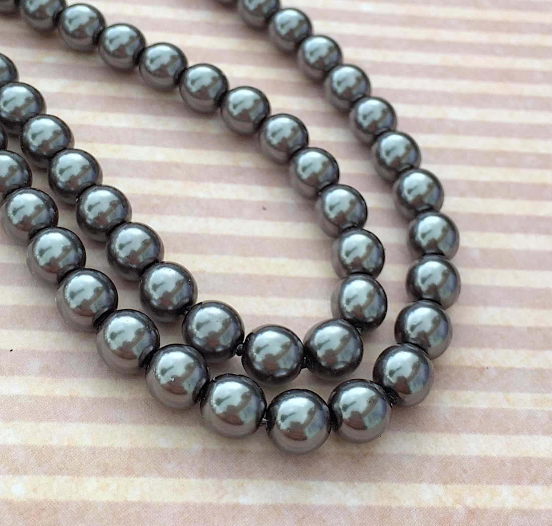 Hematite Round Czech Glass Pearls 8mm Strand of 35 beads