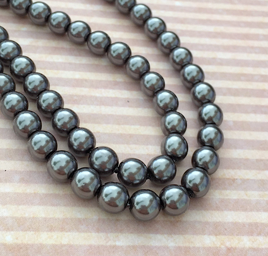 Hematite Round Czech Glass Pearls 8mm Strand of 35 beads