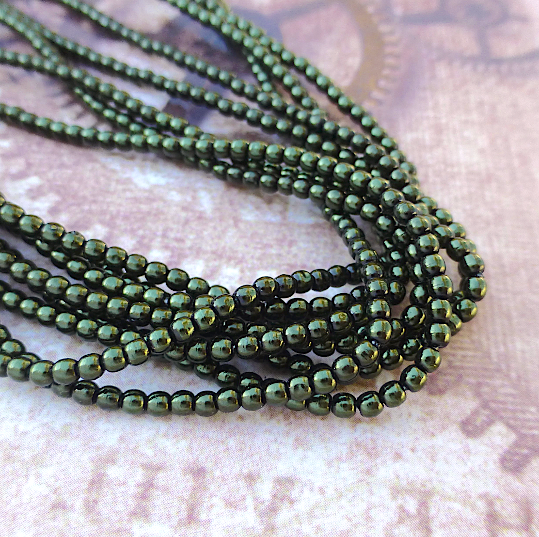 Hunter Green Round Czech Glass Pearls 2mm Strand of 150 beads