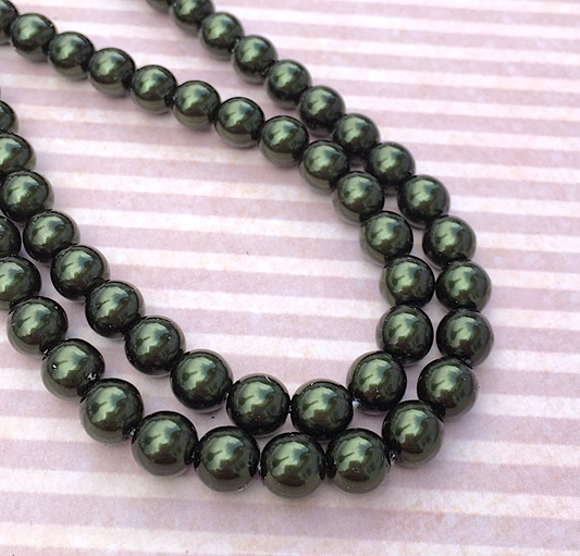 Hunter Green Round Czech Glass Pearls 8mm Strand of 35 beads