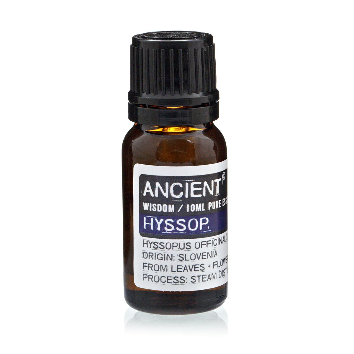 Bottle of hyssop essential oil with a label on a white background