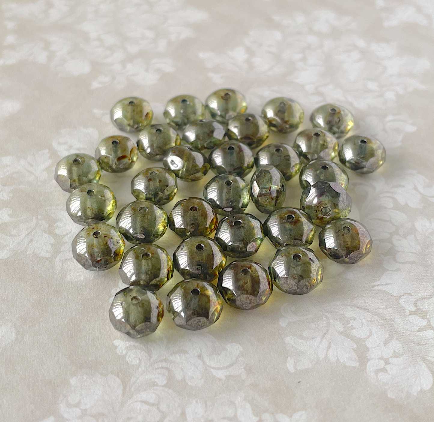 Green Faceted Rondelle Beads Czech Glass Pressed Beads - Pack of 20