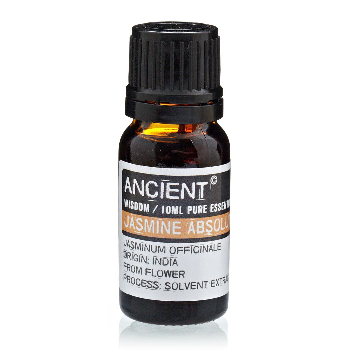 Bottle of Jasmine Absolute essential oil with 'Ancient Wisdom' label on a white background