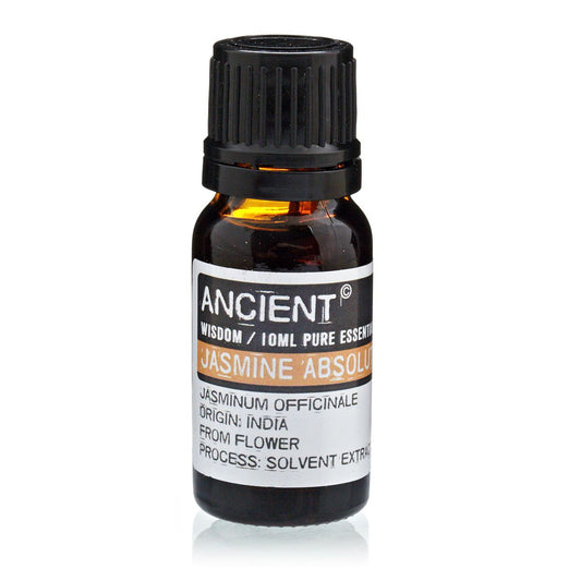 Bottle of Jasmine Absolute essential oil with 'Ancient Wisdom' label on a white background