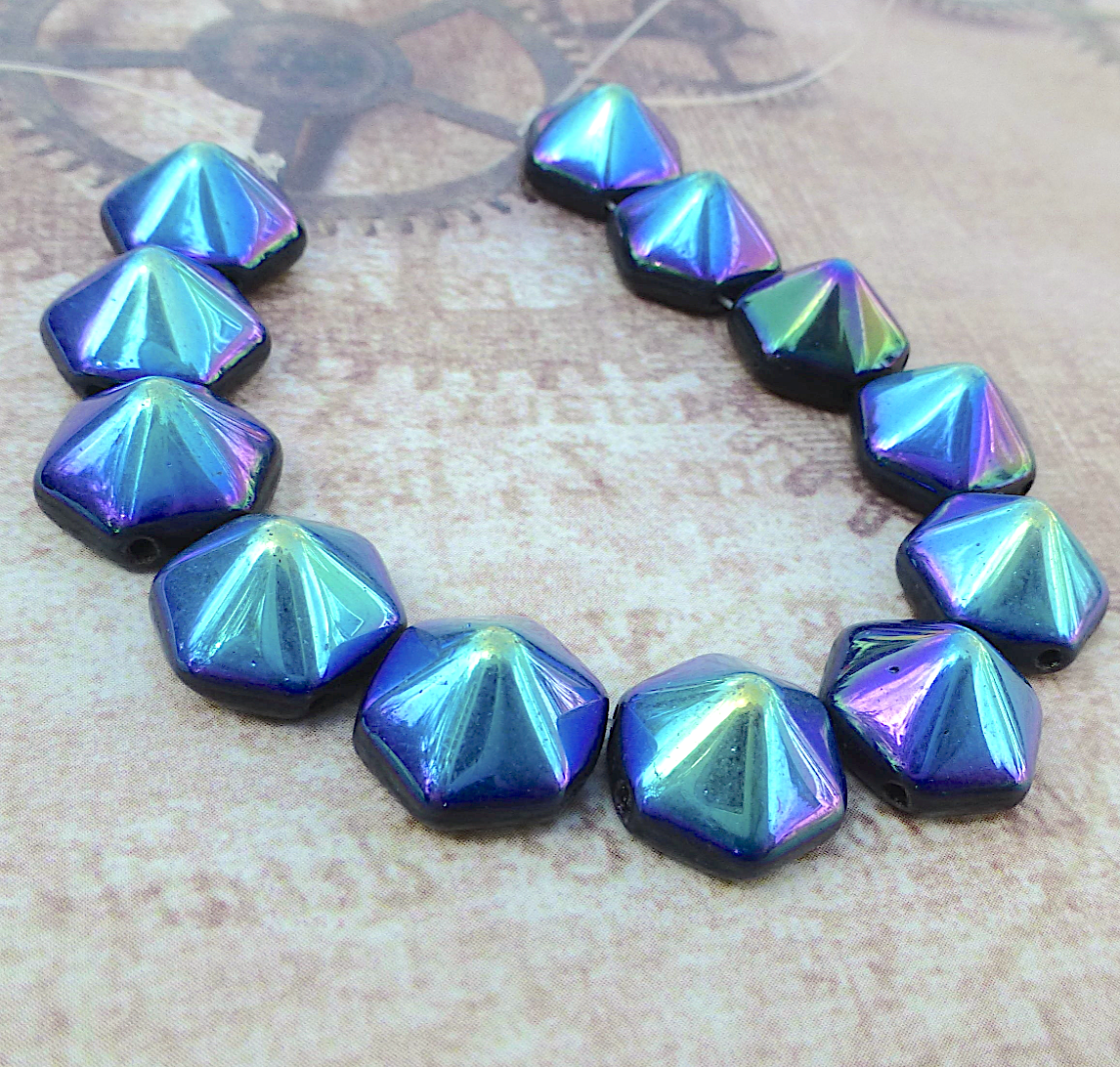 Jet AB Pyramid Hex Glass 2-hole Beads Strand of 12