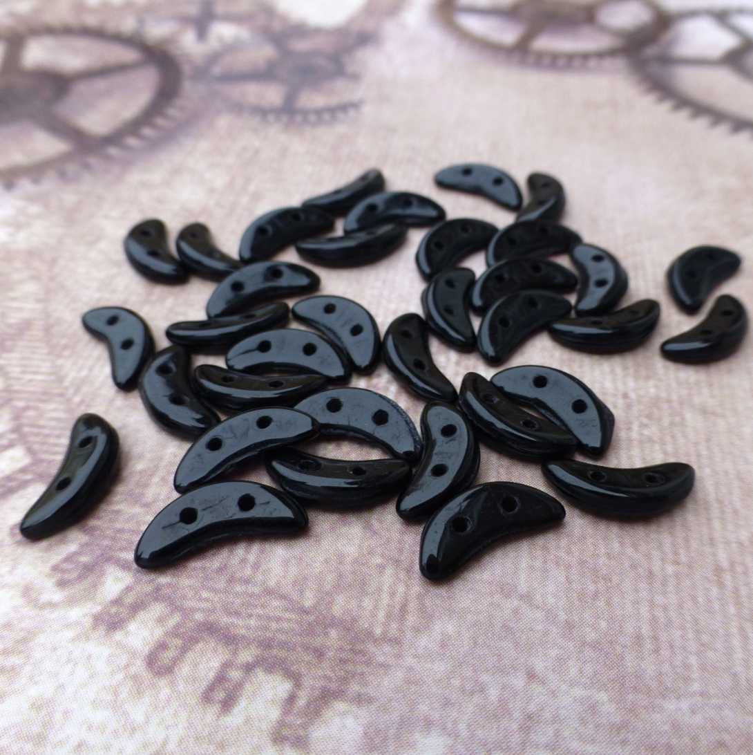 Jet Black Glass Crescent Beads 2-hole Czech Glass Beads - 50 beads