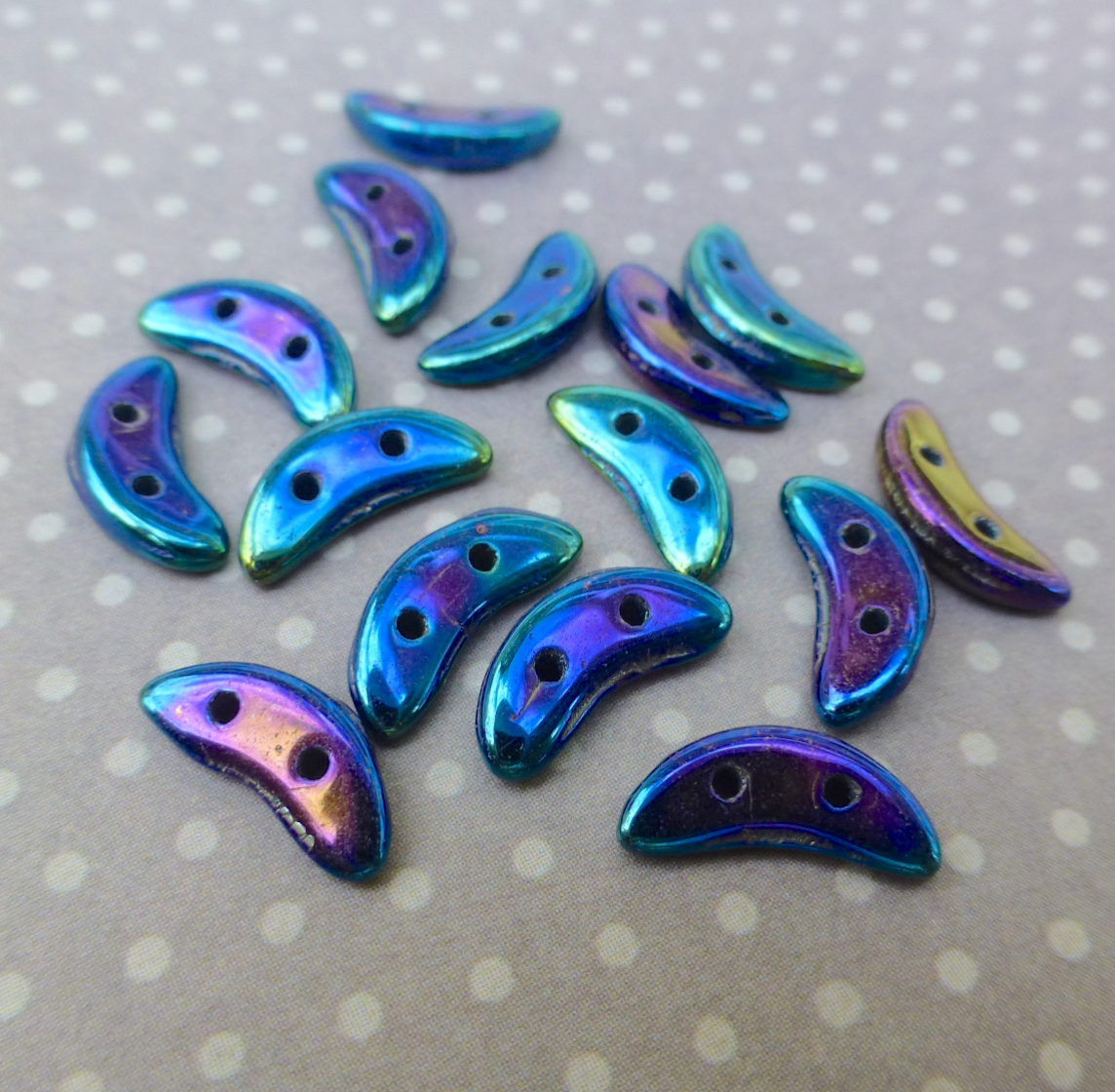 Jet Iris Blue Glass Crescent Beads 2-hole Czech Glass Beads - 50 beads
