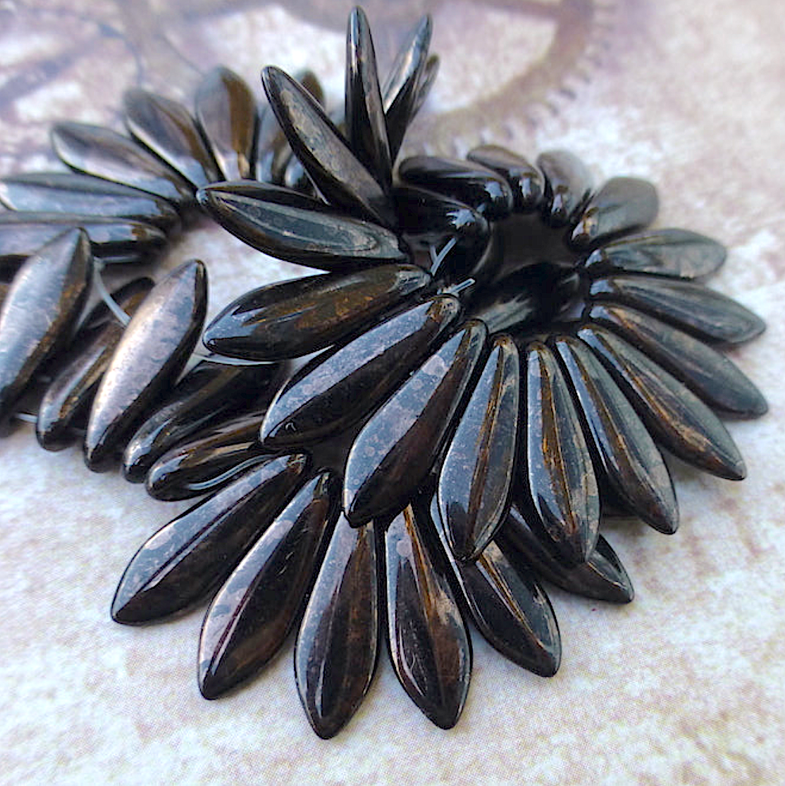 Jet Marbled Dark Bronze Two Hole Dagger Beads Czech Pressed Glass Beads - Pack of 10 grams