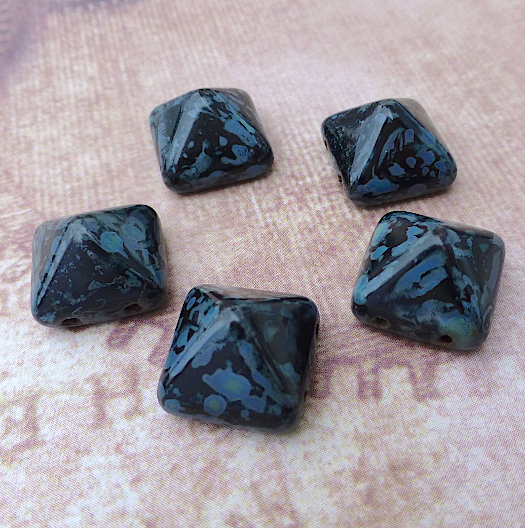 Jet Picasso 12 mm Pyramid Stud Czech Glass Two Hole Beads Pack of 12