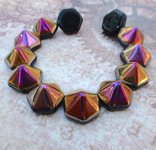 Jet Sliperit Pyramid Hex Glass 2-hole Beads Strand of 12