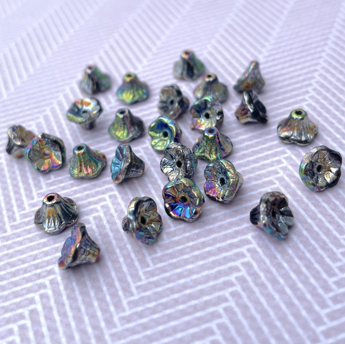 Jet Vitrail Full Small Flower Cup Glass Beads Pack of 30