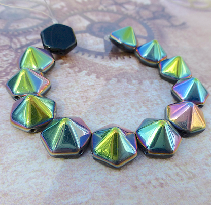 Jet Vitrail Pyramid Hex Glass 2-hole Beads Strand of 12