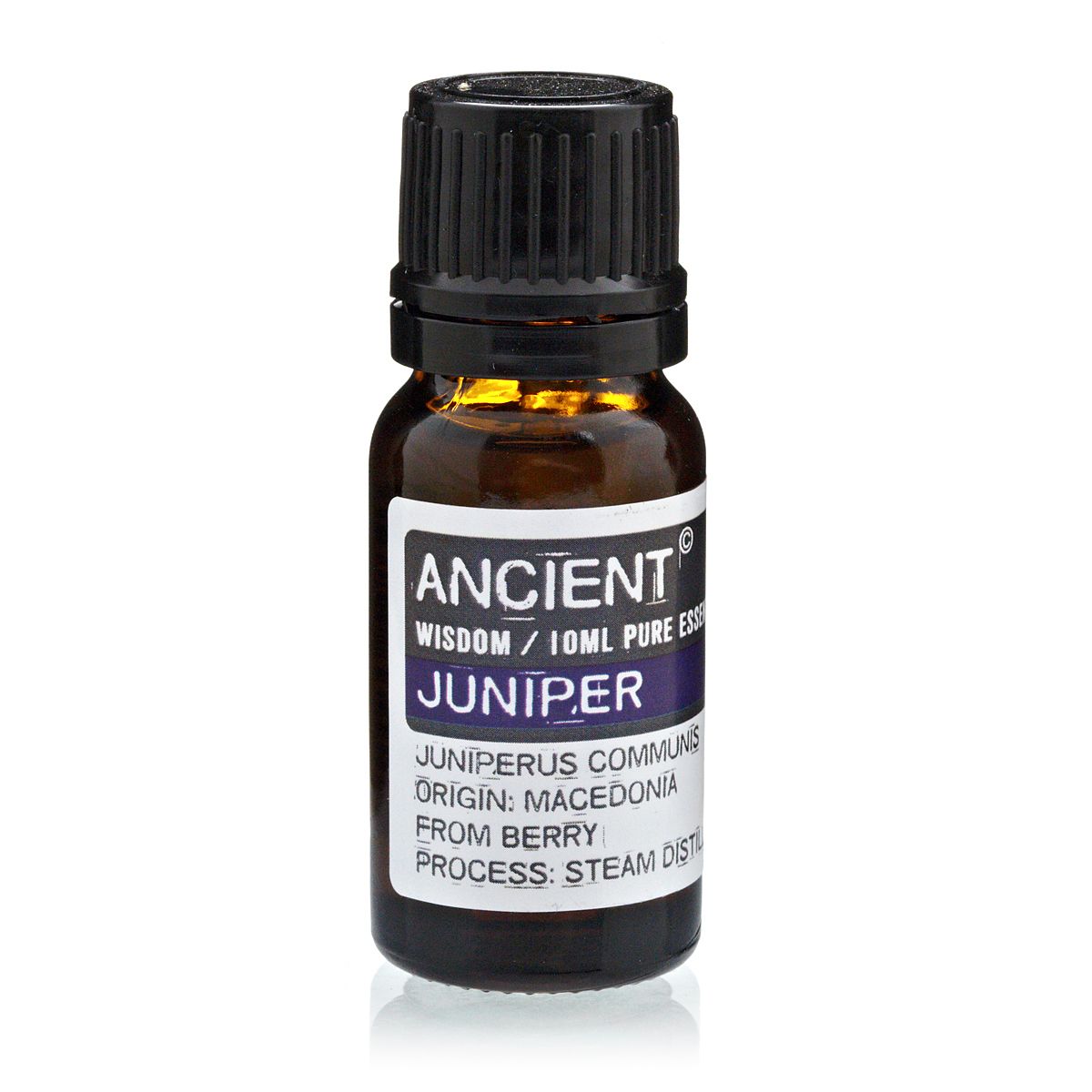 Bottle of Juniper essential oil with label on a white background