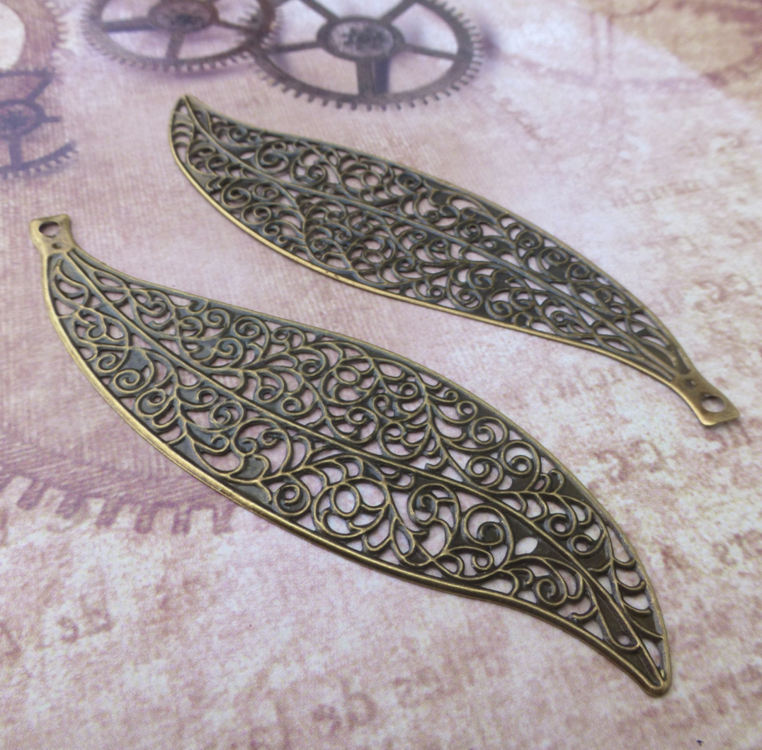 Large Leaf Filigree Pendant Antique Bronze Colour Scrapbooking Embellishment Pack of 10