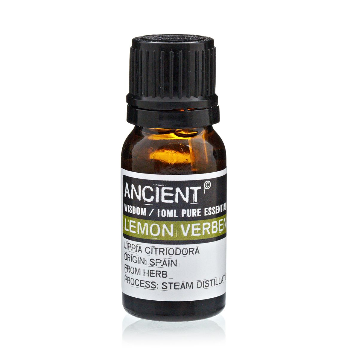 Bottle of lemon verbena essential oil with a black cap on a white background