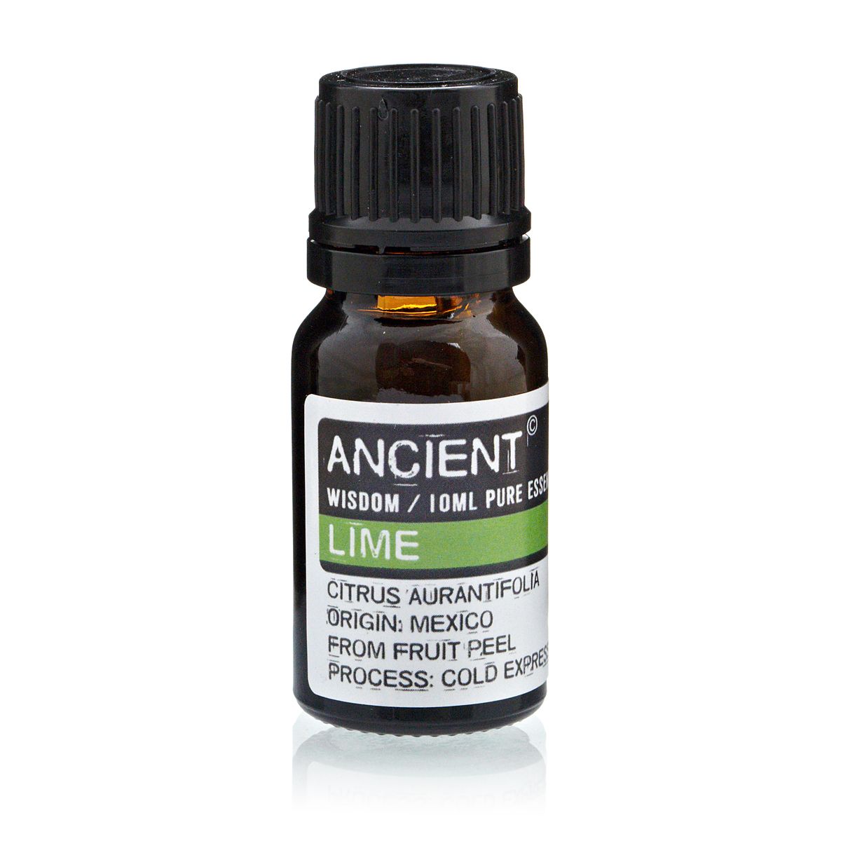 Bottle of Ancient Wisdom Lime essential oil on a white background