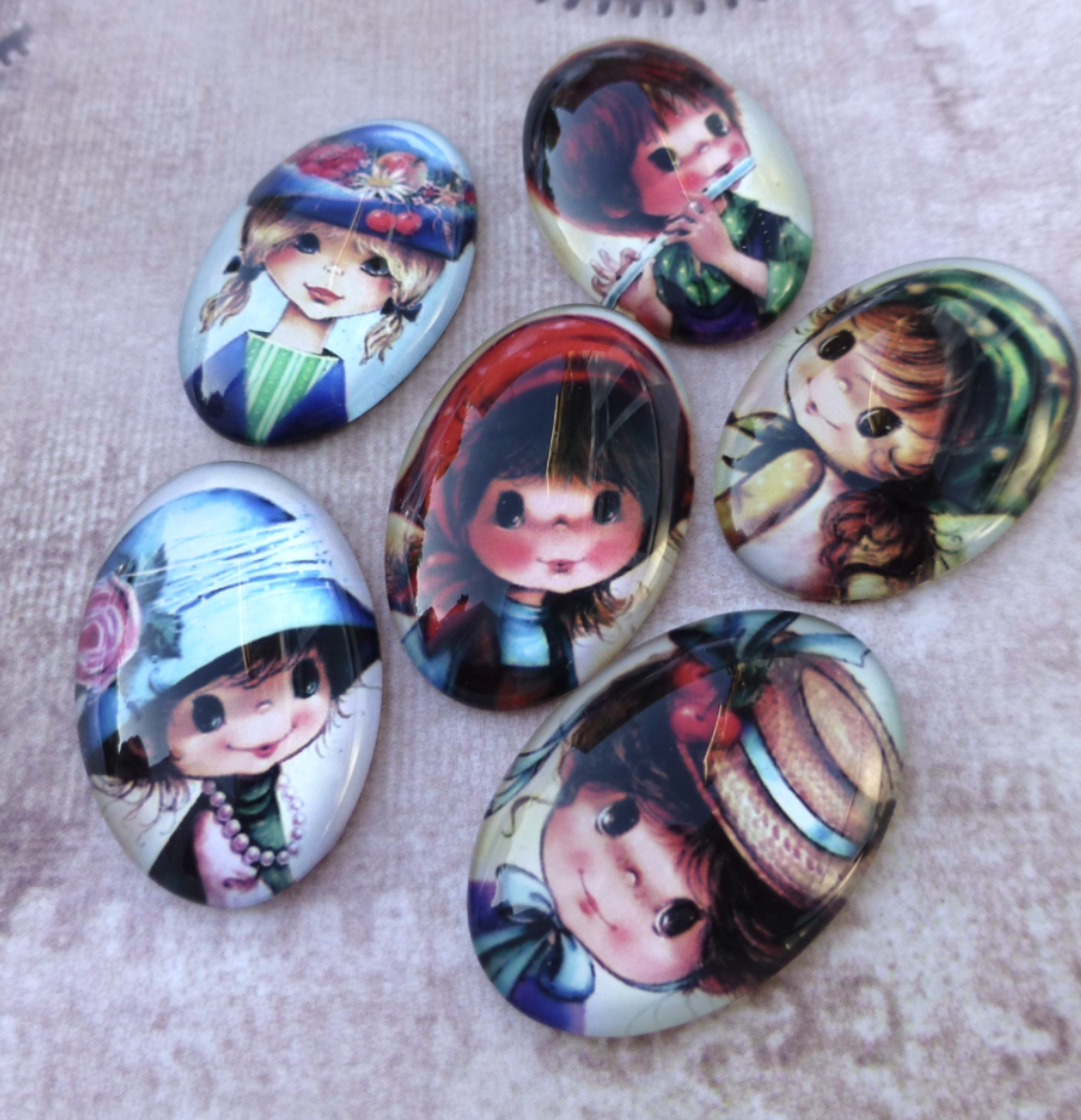 Little Girls Portraits Glass Oval Cabochons Random Mix of 10