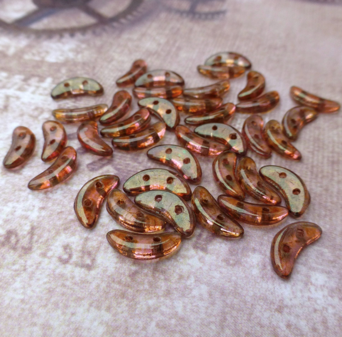 Luster Rose Gold Topaz Glass Crescent Beads 2-hole Czech Glass Beads - 50 beads