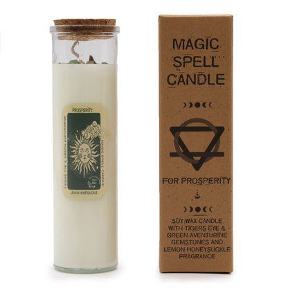 Magic spell candle for prosperity with packaging on a white background
