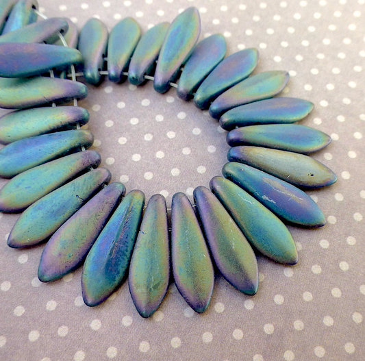 Matte Iris Green Two Hole Dagger Beads Czech Pressed Glass Beads - Pack of 10 grams