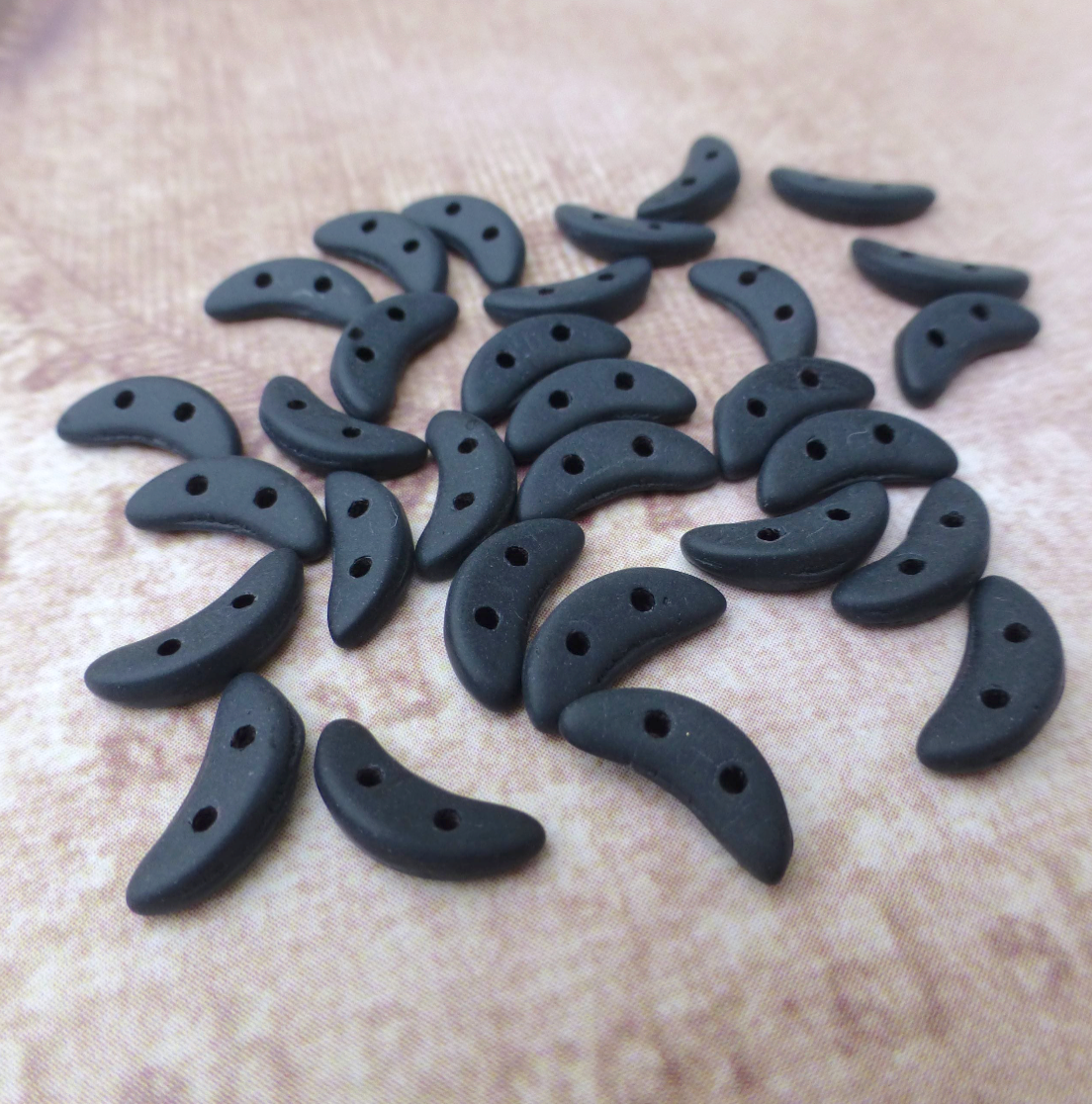 Matte Jet Black Glass Crescent Beads 2-hole Czech Glass Beads - 50 beads